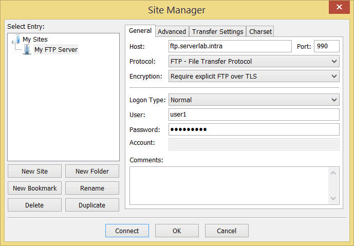 FileZilla Site Manger Settings for TLS