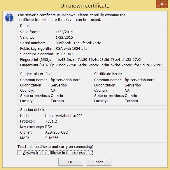 FileZilla: Unknown Certificate alert