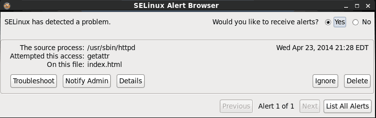 SELinux Alert Browser Dialog Box