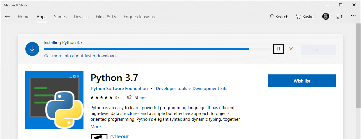 Installing Python 3.7 from Windows Store
