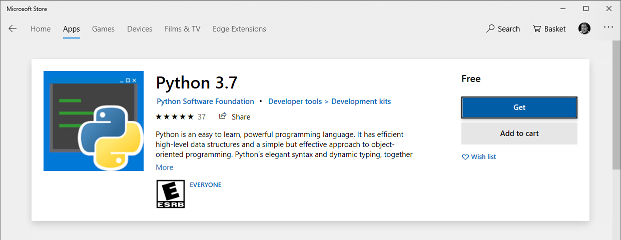 Python 3.7 in Windows Store